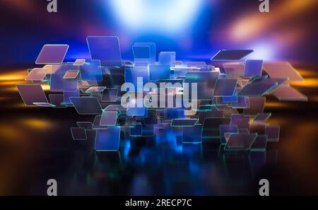 Sfondo astratto, concetto tecnologico, rendering 3D, quadrati di vetro con emettitore di luce colorata gradiente olografico neon iridescente Foto Stock
