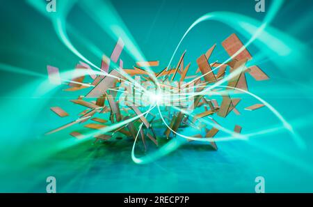 Sfondo astratto, concetto tecnologico, rendering 3D, quadrati rotanti arancioni, raggi di luce mobili blu Foto Stock