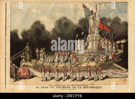 Le char du triomphe de la republique, (Hauteur 11 m, longueur 14 m, largeur 6 m), decore par Carpezat (peintre decorateur de theater, pour la fete du centenaire de la proclamation de la republique, le 22 septembre. Gravure in "le petit Journal" 24091892. Foto Stock