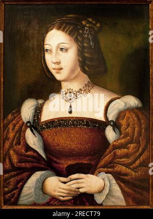 Portrait de Isabelle de Portugal (1503-1539) - Peinture d'un maitre anonyme sd vers 1526, huile sur bois 40 x 29 cm, milieu du 16e siecle (Ritratto di Isabel de Portugal, di un maestro sconosciuto, olio su pannello, metà del XVI secolo) - Musee des Arts Antiques de Lisbonne (Portogallo) Foto Stock