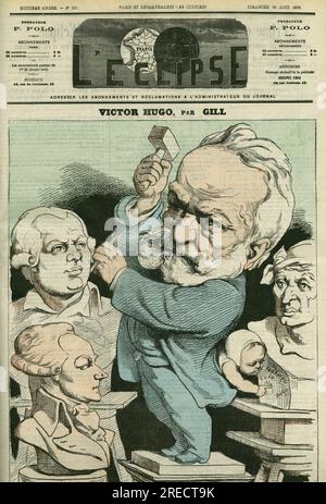 Portrait de Victor Hugo (1802-1885), homme de lettres et homme politique francais. Couverture in 'l'Eclipse' par Gill, le 29 aout 1875, Parigi. Foto Stock