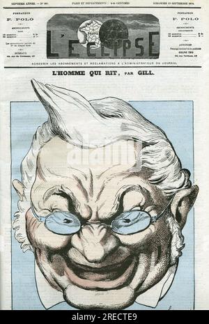 Caricature de 'l'homme qui rit', Adolphe Thiers (1797-1877), homme politique francais. Couverture in 'l'Eclipse' par Gill, le 13 settembre 1874, Parigi. Foto Stock