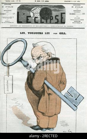 Caricature de Adolphe Thiers (1797-1877), homme d'etat francais. Couverture in "l'Eclipse" par Gill, le 14 juin 1874, Parigi. Foto Stock