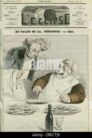 "Au palais de la penitence", caricature du president de la Republique Adolphe Thiers (1797-1877). Couverture in "l'Eclipse" par Gill, le 16 mars 1873, Parigi. Foto Stock