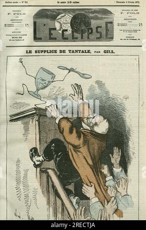 "Le supplice de tale", caricature d'Adolphe Thiers (1798-1874), homme d'etat francais. Couverture in 'l'Eclipse' par Gill, le 2 fevrier 1873. Foto Stock