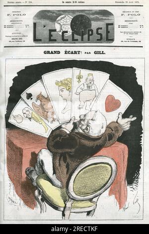 "Grand ecart! ', caricature a propos du gouvernement du president de la Republique Adolphe Thiers (1797-1877). Couverture in 'l'Eclipse' par Gill, le 20 avril 1873, Parigi. Foto Stock