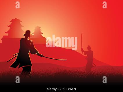 Illustrazione di due Samurai in posizione duello l'uno di fronte all'altro su campo erba Illustrazione Vettoriale