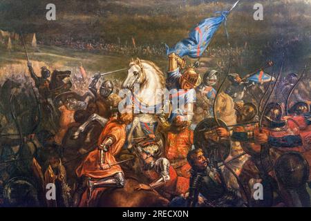 Guerre de Cent ANS : la bataille de Formigny (Calvados) le 15041450 opposant l'armee anglaise de Thomas Kyriell (1396-1461) a celle de Jean de Clermont (mort en 1356) - detail de la peinture de Remy Eugene Julien ( 1797-1868) - Musee d'art et d'histoire Baron Gerard Foto Stock