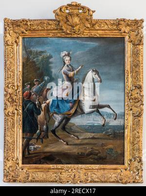 Ritratto equestre de Marie Leszczynska, femme de Louis XV par Martin Jean Baptiste (Martin Des Batailles) (1659 - 1735). (Chasse au foucon abord du chateau de Fontainebleau) - Musee de Sceaux. (Leczinska, Leczynska, Lesczinska, Lesczynska, Leszczinska, leszczynska, leszinka, Leszynka, Marie Leszczynska (1703-1768) Foto Stock