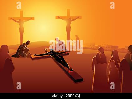 Serie di illustrazioni vettoriali bibliche. Via della Croce o stazioni della Croce, undicesima stazione, Gesù è inchiodato alla Croce. Illustrazione Vettoriale