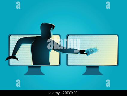 Semplice illustrazione vettoriale di un hacker che rubano denaro, concetto di cyber crimine, malware, virus e sicurezza informatica Illustrazione Vettoriale
