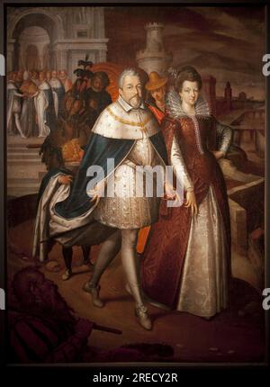 Portrait de Francois i de Medicis (1541-1587), Grand duc de Toscane et de sa fille Marie de Medicis (1575-1642), futura reine de France. Le duc a le collier de l'ordre de la Toison d'Or. Peinture de Nicolas Bollery (mort en 1630), huile sur toile, 17e siecle. Art francais. Musee de Cherbourg. Foto Stock