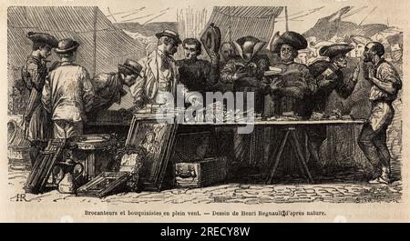 Bouquinistes et brocanteurs en plein vent, pres de la Place Montanara, sous une tente dressee, des amateurs et des clercs se disputent un bric a brac d'antiquites, certains lisent sur Place, d'autres marchandent en gesticulant. Gravure pour illustrer le voyage a Rome, par Francis Wey, en 1864-1868, publie dans ' le tour du monde' 1869, sous la direction d'Edouard Charton, Edition Hachette, Parigi. Foto Stock