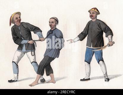 Le Nazioni Unite accusano est conduit en Prison, attache par une chaine autour du cou. Gravure, in "Les Punitions des Chinois", Londres, 1801. Foto Stock