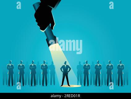 Immagine della silhouette di un uomo d'affari che viene illuminato con un flash tra gli altri uomini d'affari. Distinguiti dalla massa, dalla promozione, dal candidato, dal prescelto, dalla carriera Illustrazione Vettoriale