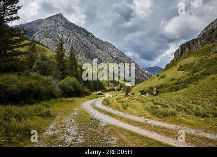 Strada di campagna in uno splendido scenario di verdi colline nella valle rocciosa di montagna e prato lussureggiante con cielo torbido e pioggia in Kazakistan Foto Stock