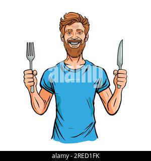 Uomo dalla barba affamato che tiene coltello e forchetta. Uomo affamato che aspetta il cibo. Illustrazione vettoriale isolata su sfondo bianco Illustrazione Vettoriale