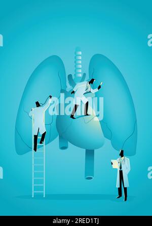 Illustrazione grafica vettoriale del team di medici diagnosticare polmone e cuore umano. Concetto pulmonologista Illustrazione Vettoriale