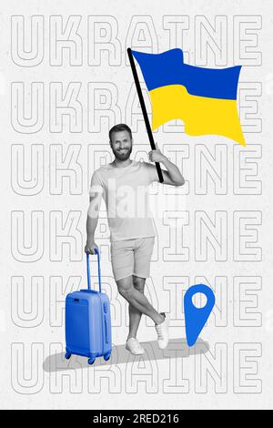 Composizione verticale foto collage placard supporto indipendenza ucraina flag hold valise tornare a casa isolato su sfondo bianco Foto Stock