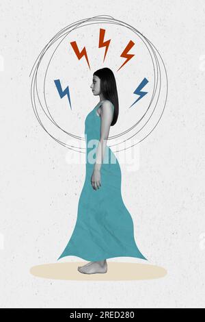 Collage verticale composito di illustrazioni di donne senza sonno stressate con problemi mentali isolate sullo sfondo del disegno creativo Foto Stock