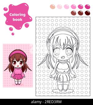 Libro da colorare per bambini. Ragazza anime con gonna rosa. Illustrazione Vettoriale