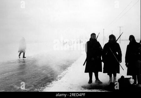 I soldati tedeschi dell'organizzazione Todt si riscaldano sulla pista Leningrado-Mosca. Sullo sfondo, i prigionieri di guerra russi liberano la neve dalla strada. Foto: Burkhardt. [traduzione automatica] Foto Stock