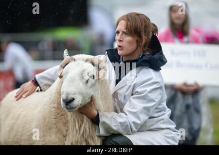 Gli agricoltori che mostrano le loro pecore sotto la pioggia al Royal Welsh Show 2023. Foto Stock