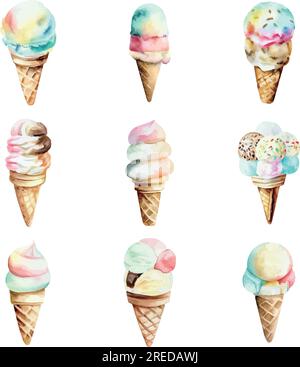 Set di gelati ad acquerello in coni di waffle isolati su sfondo bianco Illustrazione Vettoriale
