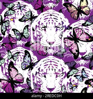 modello senza cuciture con stampa a farfalla e teste tigre Illustrazione Vettoriale