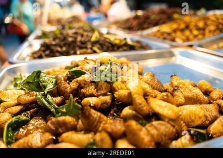 Cibo strano, cibo strano. insetti fritti in profondità, cibo di strada locale nel mercato notturno, thailandia. Pipa, frittura di bachi da seta, spuntino fritto di larve di insetti come exo Foto Stock