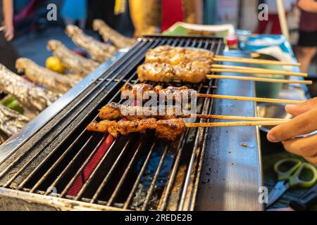 Coccodrillo al barbecue e carne d'anatra negli spiedini della cucina asiatica. Di solito nei mercati di strada. kebab shish e coccodrillo grigliati per strada in thaila Foto Stock