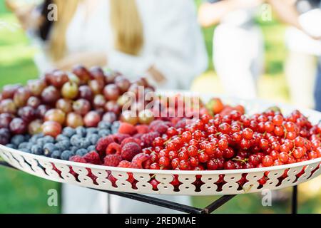 Un piatto con una varietà di bacche estive, ribes rosso, lamponi, mirtilli, frutti di bosco, spina, uva durante un evento all'aperto in estate Foto Stock
