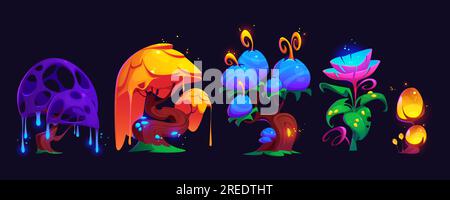 Set di cartoni animati di alberi magici e fiori isolati su sfondo nero. Illustrazione vettoriale di piante da favola che brillano di colori neon, fantastici elementi di design del giardino tropicale, natura su un pianeta alieno Illustrazione Vettoriale