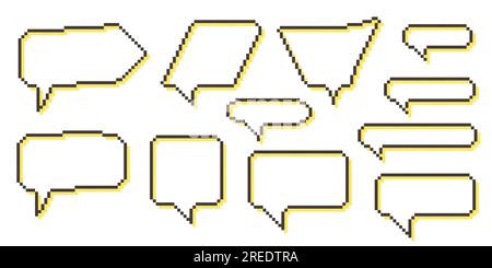 Finestre di dialogo grafico raccolta bolle vocali pixel. Casella di testo retro game a 8 bit. Barra dei messaggi vuota con pixel di colore giallo, bianco e nero. Citazione Illustrazione Vettoriale