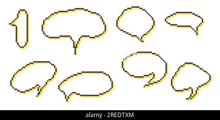 Finestre di dialogo grafico raccolta bolle vocali pixel. Casella di testo retro game a 8 bit. Barra dei messaggi vuota con pixel di colore giallo, bianco e nero. Citazione Illustrazione Vettoriale