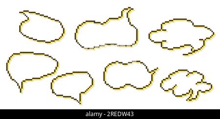 Finestre di dialogo grafico raccolta bolle vocali pixel. Casella di testo retro game a 8 bit. Barra dei messaggi vuota con pixel di colore giallo, bianco e nero. Citazione Illustrazione Vettoriale