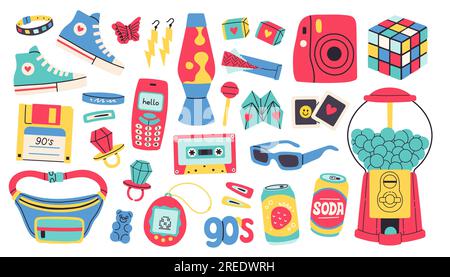 Classico 80s 90s elementi in stile moderno piatto, linea stile. Illustrazione vettoriale disegnata a mano. Patch moda, badge, emblema. Illustrazione Vettoriale