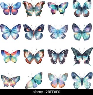 Farfalle acquerello isolate su sfondo bianco. Illustrazione disegnata a mano. Illustrazione Vettoriale