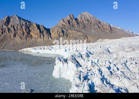 Fjortende Julibreen / 14 luglio ghiacciaio che si allunga a Krossfjorden in estate, Haakon VII Land, Spitsbergen / Svalbard, Norvegia Foto Stock