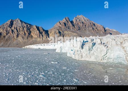 Fjortende Julibreen / 14 luglio ghiacciaio che si allunga a Krossfjorden in estate, Haakon VII Land, Spitsbergen / Svalbard, Norvegia Foto Stock