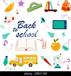 Sfondo scolastico, poster. Insieme di elementi scolastici. Torna a scuola. Per il tuo progetto Illustrazione Vettoriale