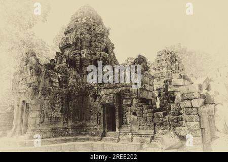 TA Som è un piccolo tempio ad Angkor, in Cambogia, costruito alla fine del XII secolo per re Jayavarman VII Bianco e nero, grana della pellicola. Foto Stock