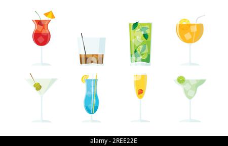 Set di cocktail estivi vettoriali su bianco. Raccolta di bevande alcoliche in diversi tipi di bicchieri. Mojito, martini, margarita, daiquiri, whiskey. Illustrazione Vettoriale