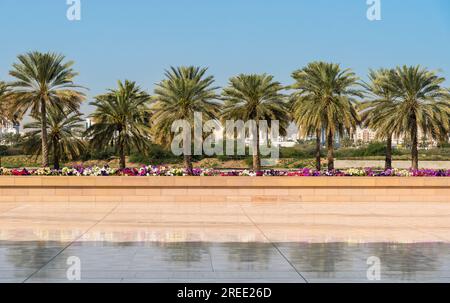 Giardini con palme all'interno della Grande Moschea del Sultano Qaboos, Oman, Medio Oriente Foto Stock