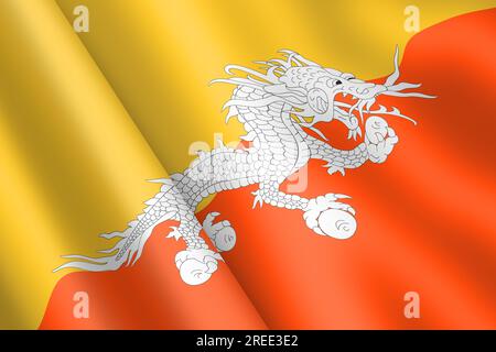 Una bandiera bhutana che sventola il vento, illustrazione 3d, ondulazione del vento giallo arancione, Druk Thander Dragon Foto Stock