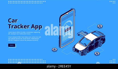 Landing page isometrica dell'app di tracciamento auto. Servizio di geolocalizzazione GPS per telefono cellulare. L'automobile a smartphone enorme con applicazione di pista. Navigazione e controllo destinazione 3D banner Web vettoriale line art Illustrazione Vettoriale