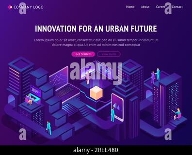 Innovazione per il futuro urbano landing page isometrica. Città intelligente con persone che utilizzano gadget e tecnologie per la vita e il business. Edifici smartcity futuristici al neon, banner Web vettoriale 3d Illustrazione Vettoriale