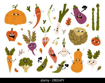 Simpatici personaggi vegetali con divertenti facce kawaii Illustrazione Vettoriale