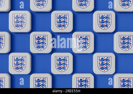 LONDRA, Regno Unito - luglio 2023: Logo della nazionale di calcio dell'Inghilterra. Rendering 3D. Foto Stock