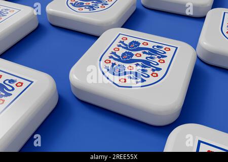 LONDRA, Regno Unito - luglio 2023: Logo della nazionale di calcio dell'Inghilterra. Rendering 3D. Foto Stock